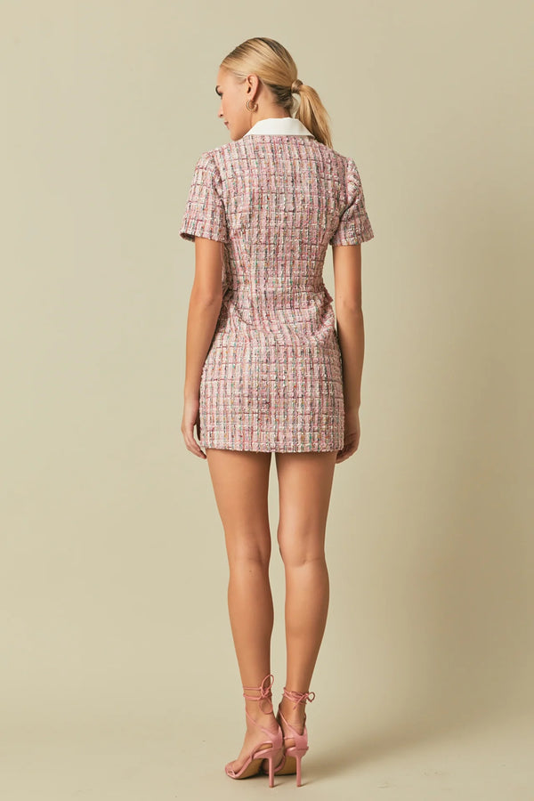 Multi Tweed Collared Short Sleeve Dress