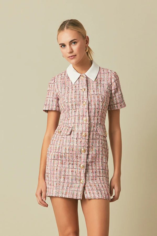 Multi Tweed Collared Short Sleeve Dress