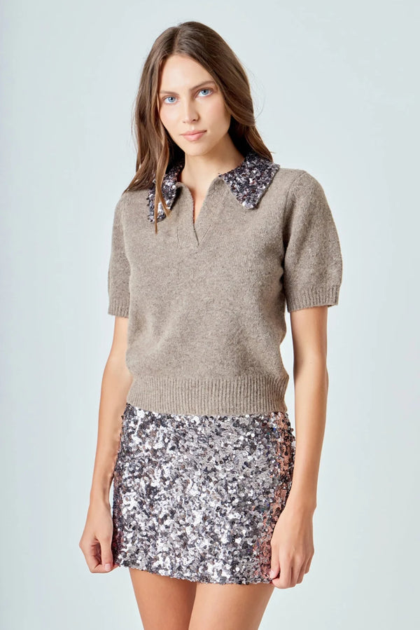 Sequin Accent Collar Knit Sweater Top