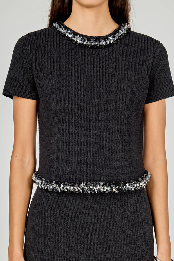 Jewel Trim Knit Short Sleeve Top