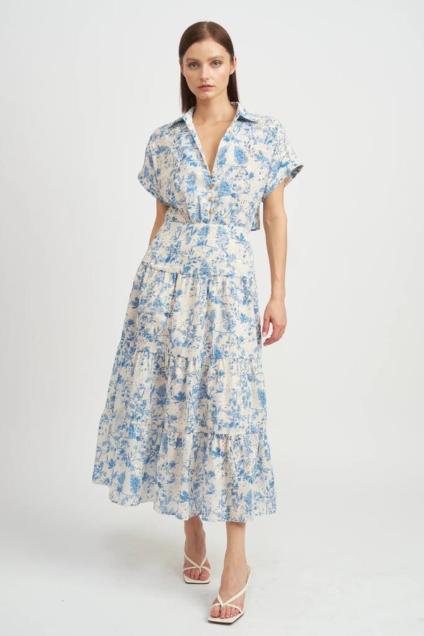 Printed Eyelet Tiered Shirt Dress