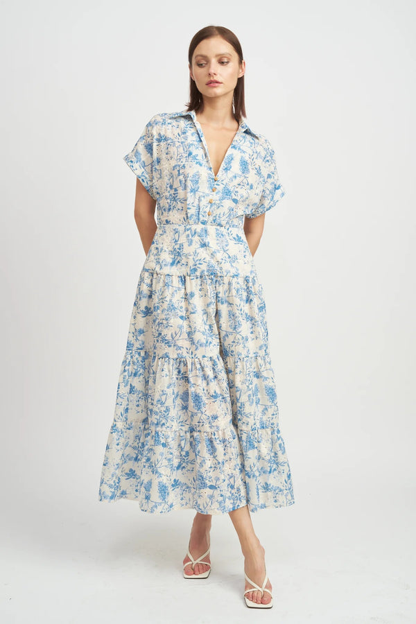 Printed Eyelet Tiered Shirt Dress