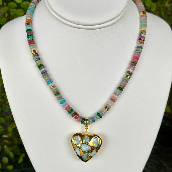 Multi Beaded + Heart Pendant Necklace