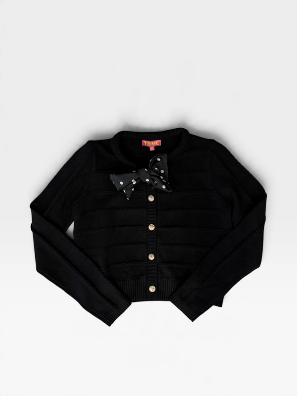 Cable Knit Cardigan Polka Dot Necktie Detail