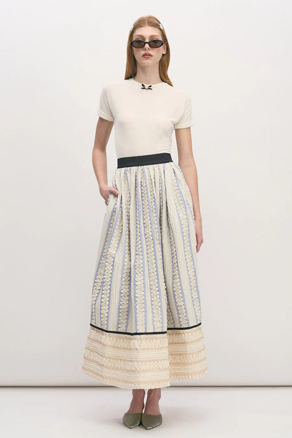 Embroidered Stripe Midi Full Skirt