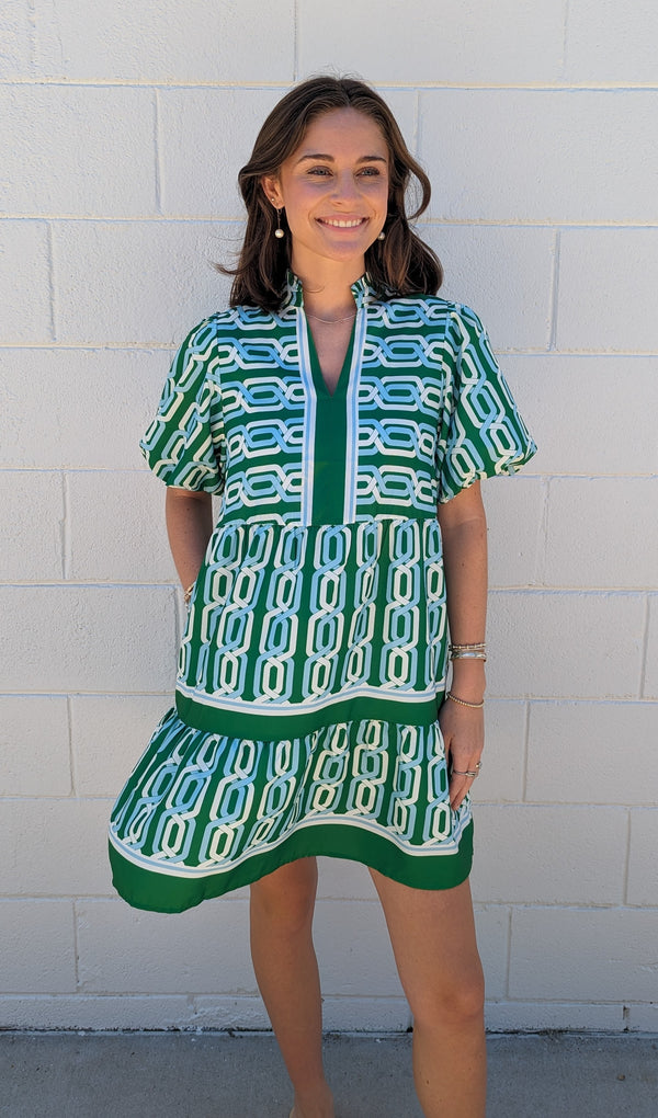 Puff Sleeve Pattern Mini Dress