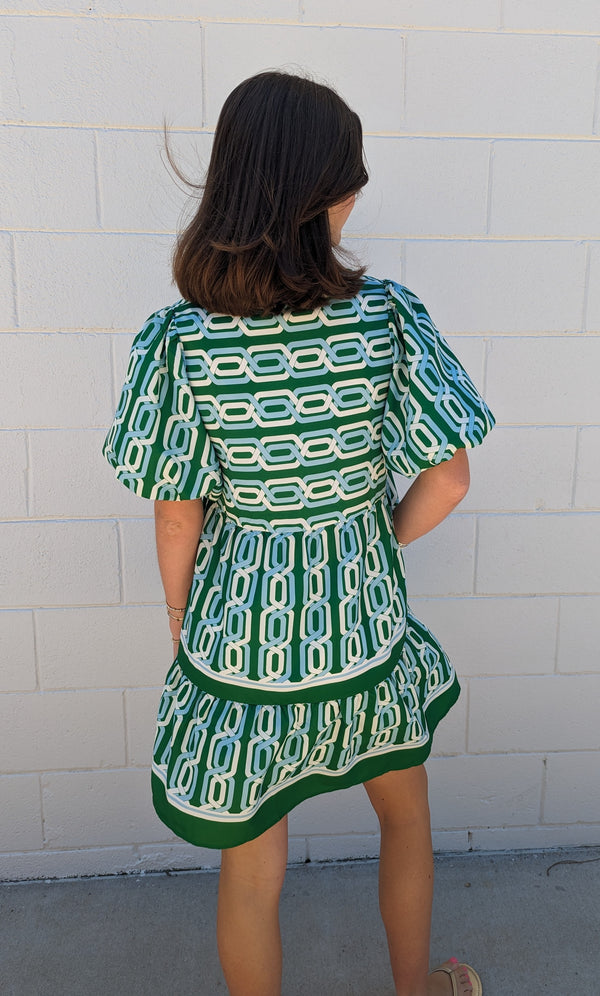 Puff Sleeve Pattern Mini Dress