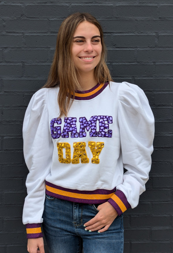 Purple & Gold Jeweled 'Game Day' Poof Sleeve Sweatshirt