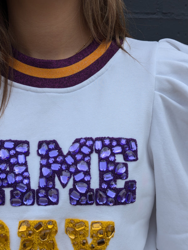 Purple & Gold Jeweled 'Game Day' Poof Sleeve Sweatshirt