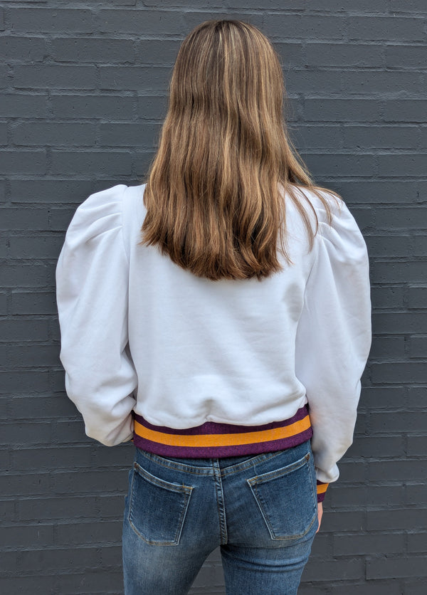 Purple & Gold Jeweled 'Game Day' Poof Sleeve Sweatshirt