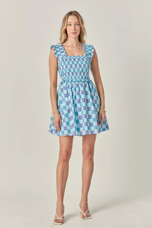 Smocked Square Print Ruffle Mini Dress