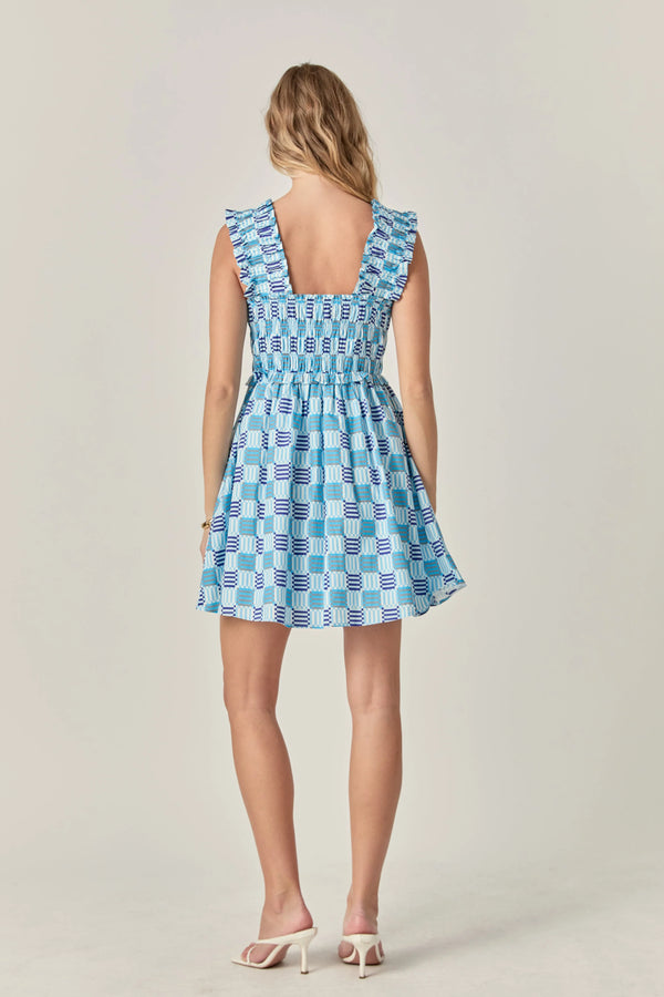Smocked Square Print Ruffle Mini Dress