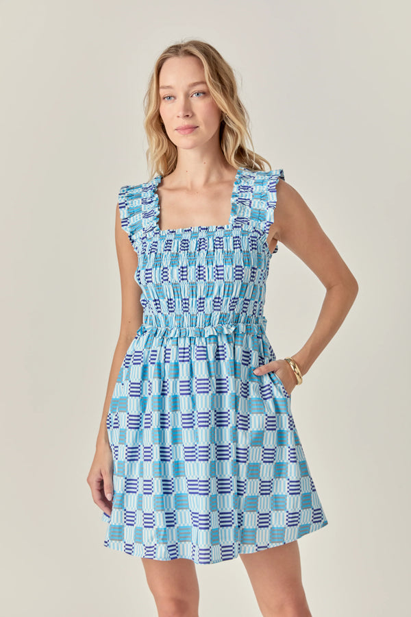 Smocked Square Print Ruffle Mini Dress