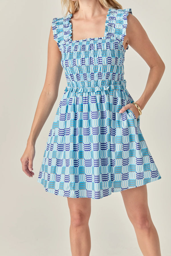 Smocked Square Print Ruffle Mini Dress
