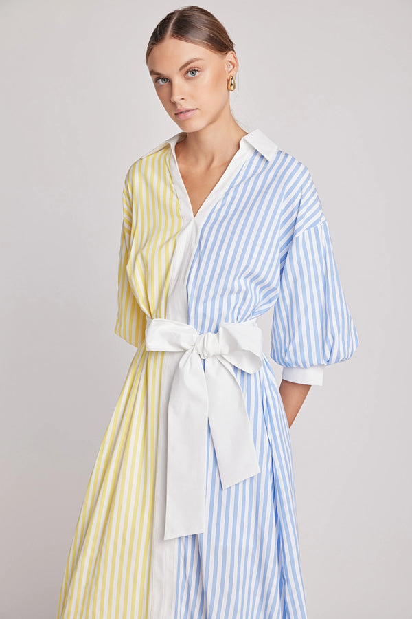 Blouson Sleeve Stripe Shirt Midi Dress