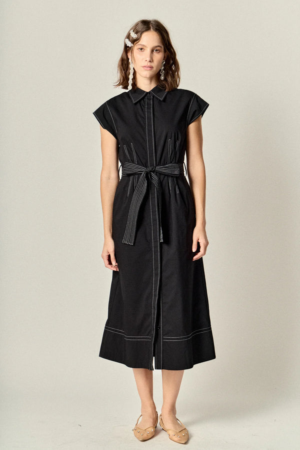 Contrast Stitch Shirt Midi Dress