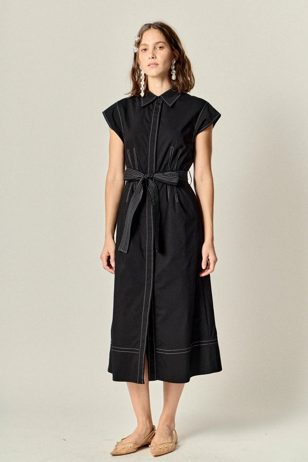 Contrast Stitch Shirt Midi Dress