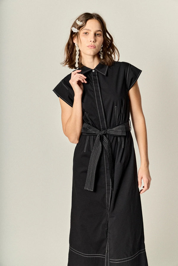 Contrast Stitch Shirt Midi Dress