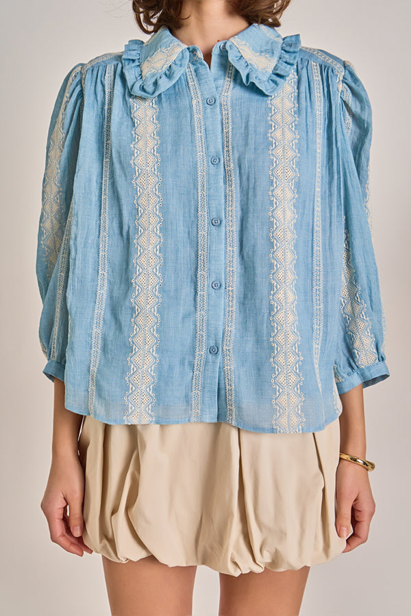 Embroidered Ruffle Collar Blouse