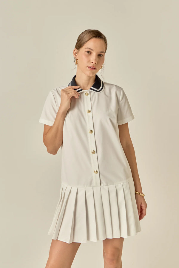 Crochet Collar Pleated Mini Dress