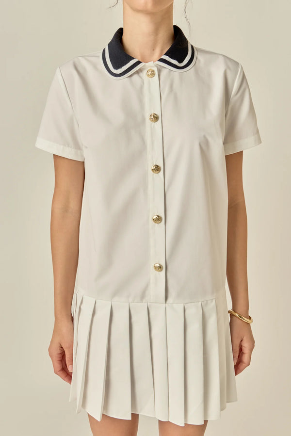 Crochet Collar Pleated Mini Dress