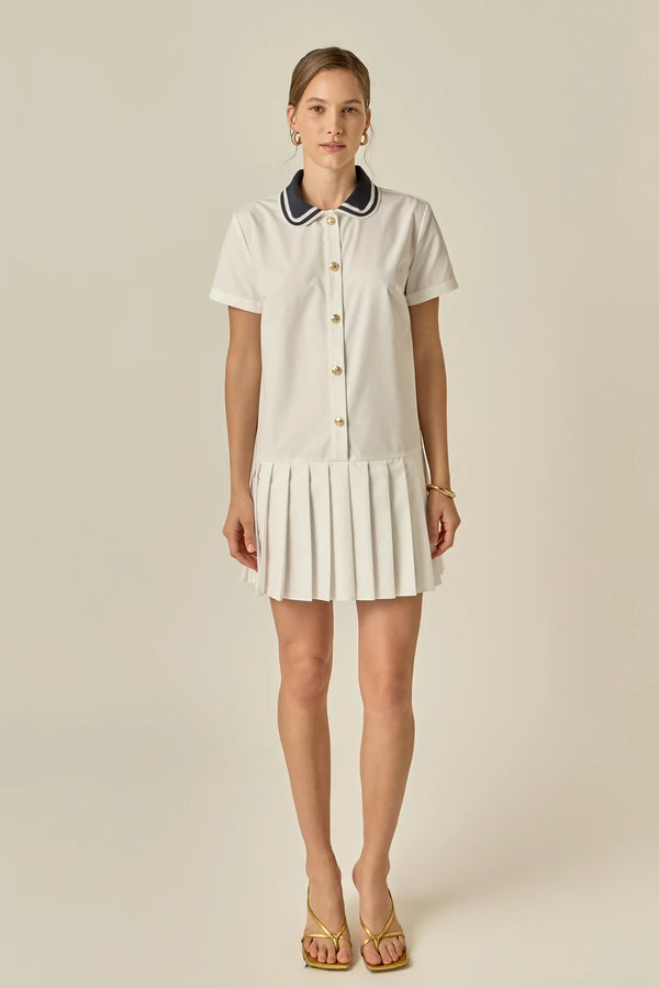 Crochet Collar Pleated Mini Dress