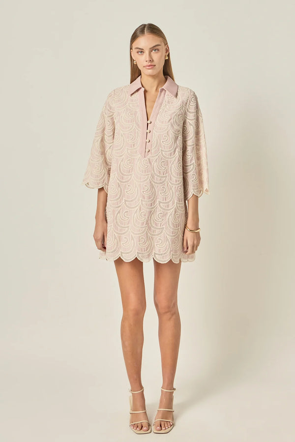 Striped Embroidered Scallop Hem Shirt Mini Dress