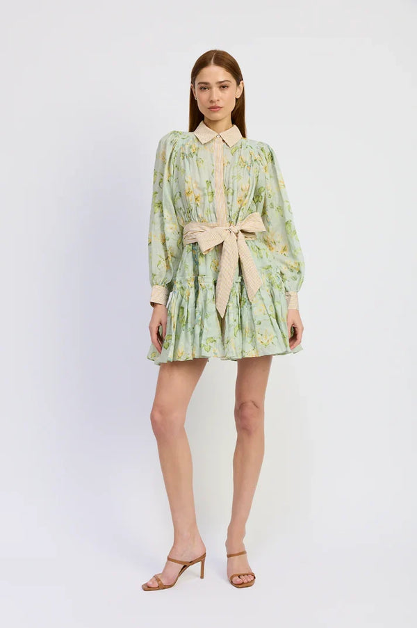 Print Mix Long Sleeve Tie Waist Mini Dress