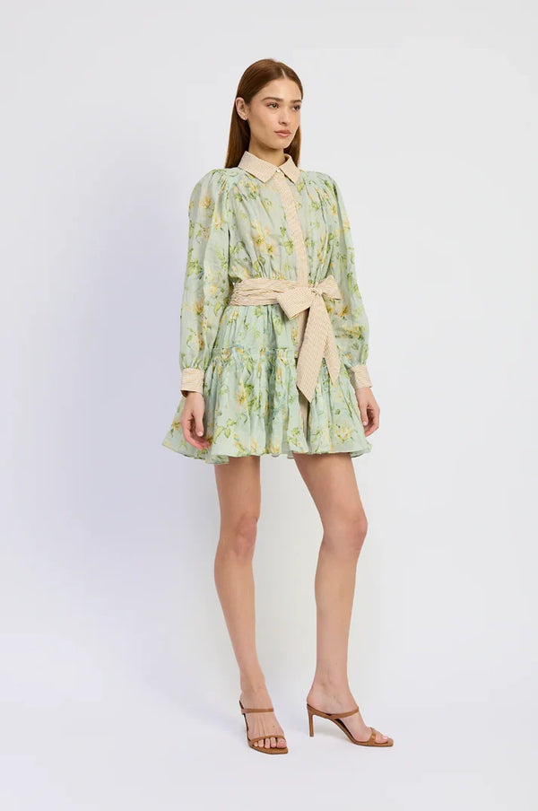 Print Mix Long Sleeve Tie Waist Mini Dress
