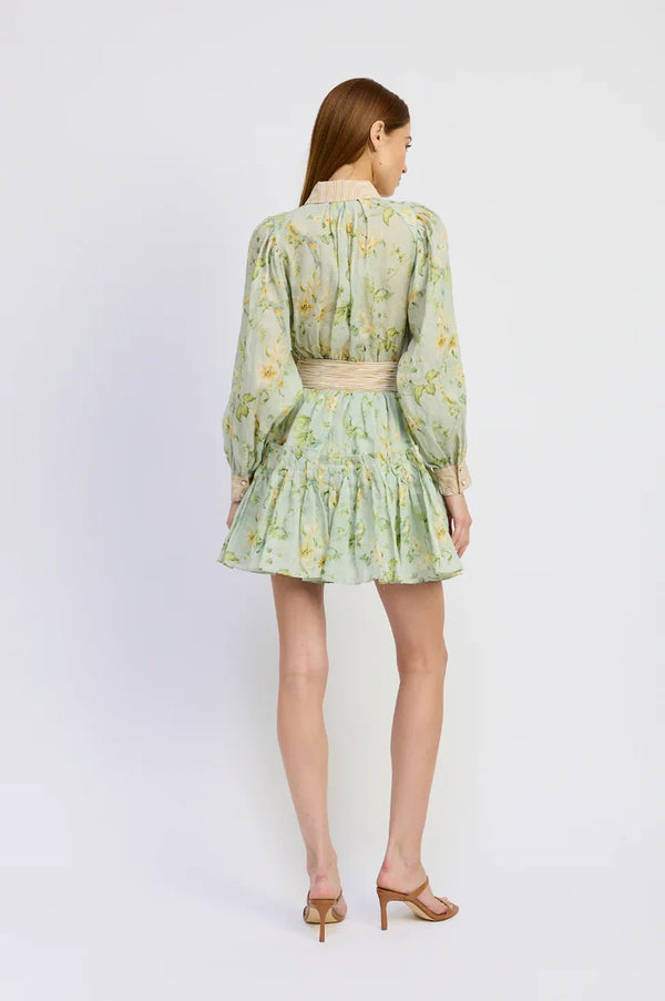 Print Mix Long Sleeve Tie Waist Mini Dress