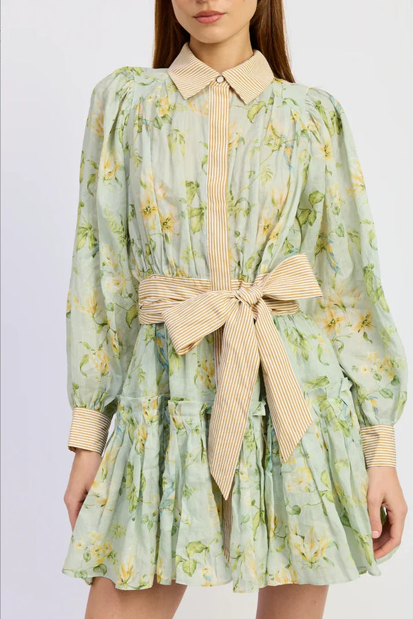 Print Mix Long Sleeve Tie Waist Mini Dress