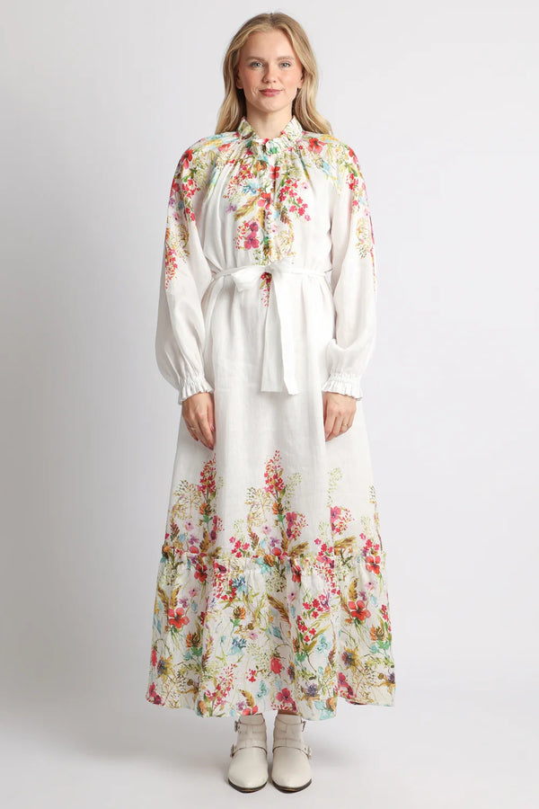 Lora Floral Print Linen Belted Maxi Sheath Dress
