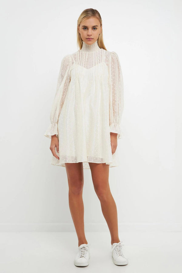 Embroidered Organza Smock Neck Dress
