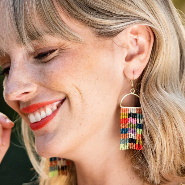 Allison Checkered Beaded Fringe Earrings