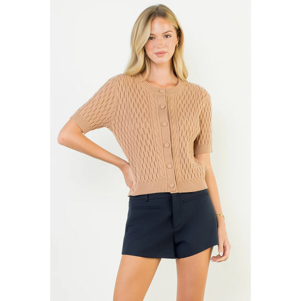 Short Sleeve Button Knit Top