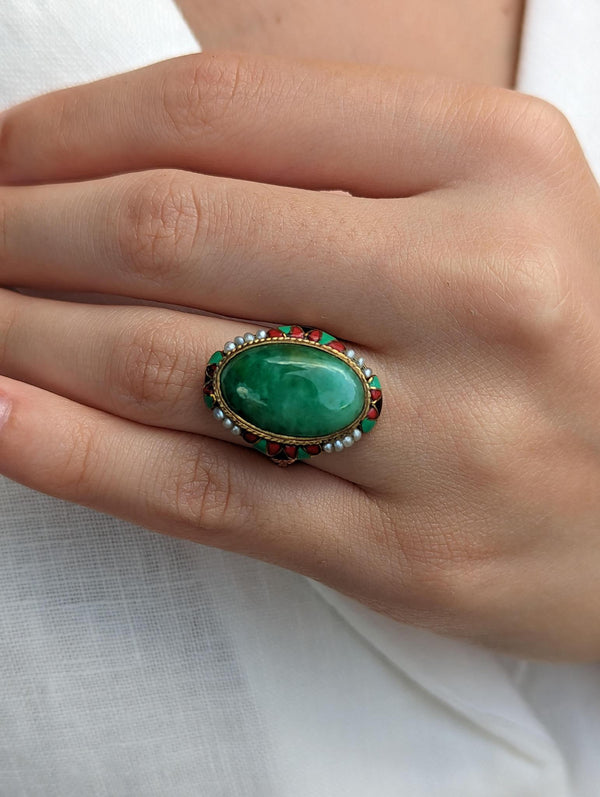 Vintage 14K Jade/Enamel Art Deco Ring