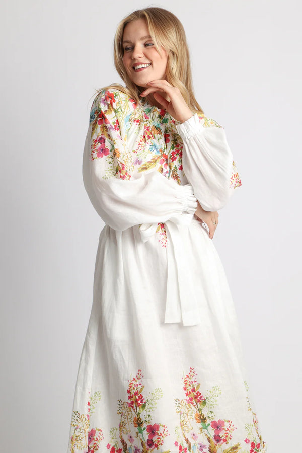 Lora Floral Print Linen Belted Maxi Sheath Dress