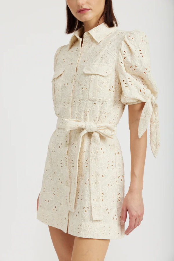 Embroidered Button Up Tie Waist Dress