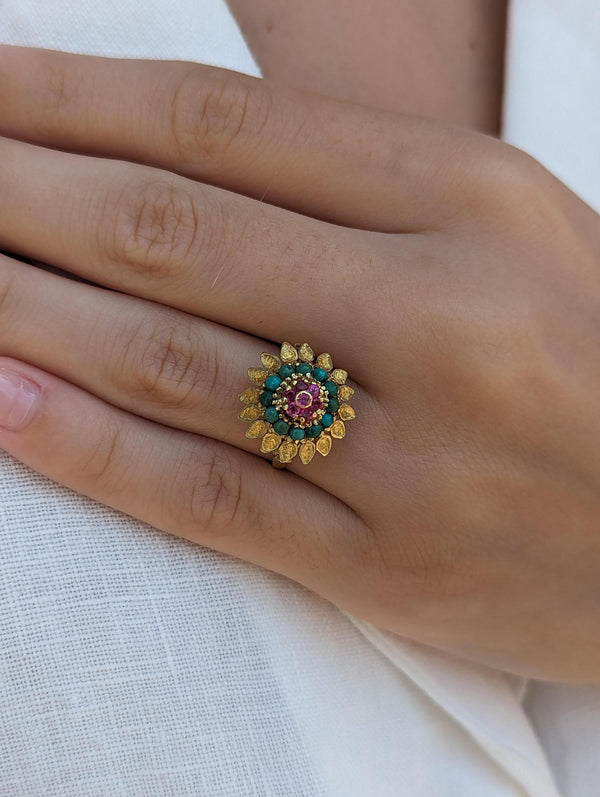Ruby and Turquoise Flower Dome Ring