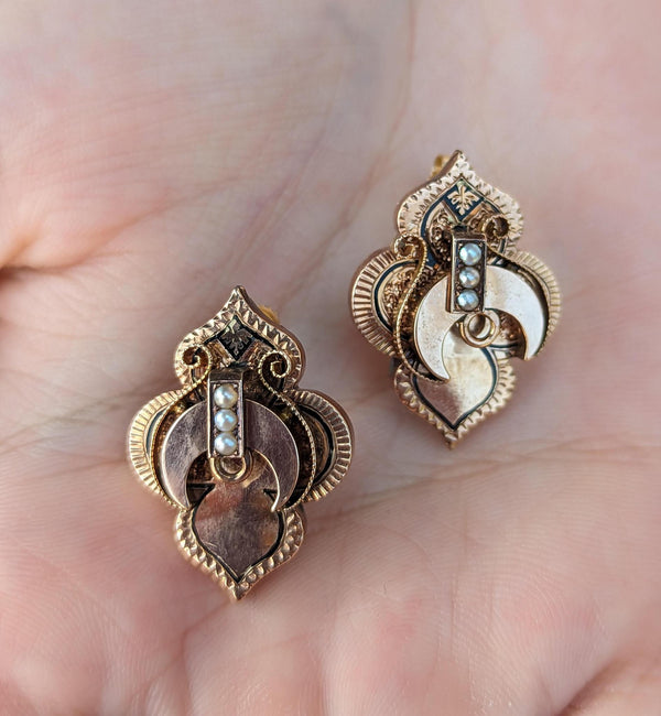 Victorian Enamel Pearl and Gold Earrings