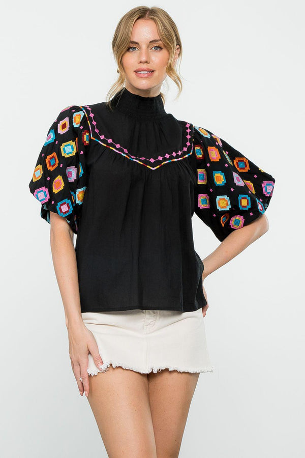 Puff Sleeve Embroidered Top