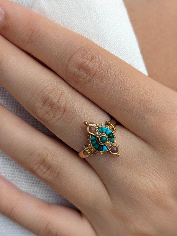 Victorian Turquoise and Pink Pearl Ring
