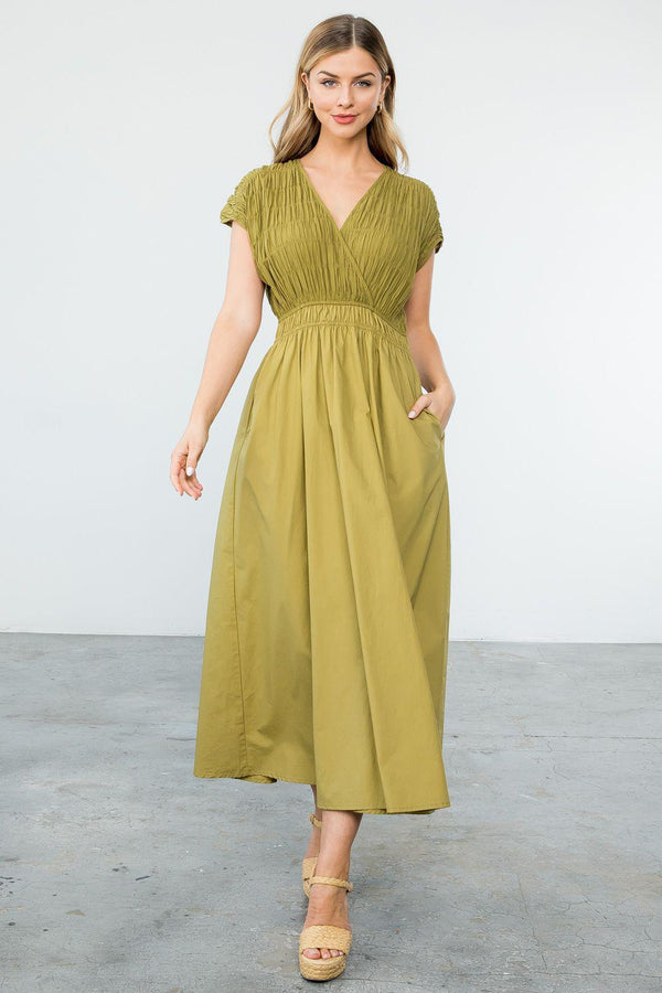 Smocked Poplin Maxi Dress with Pockets