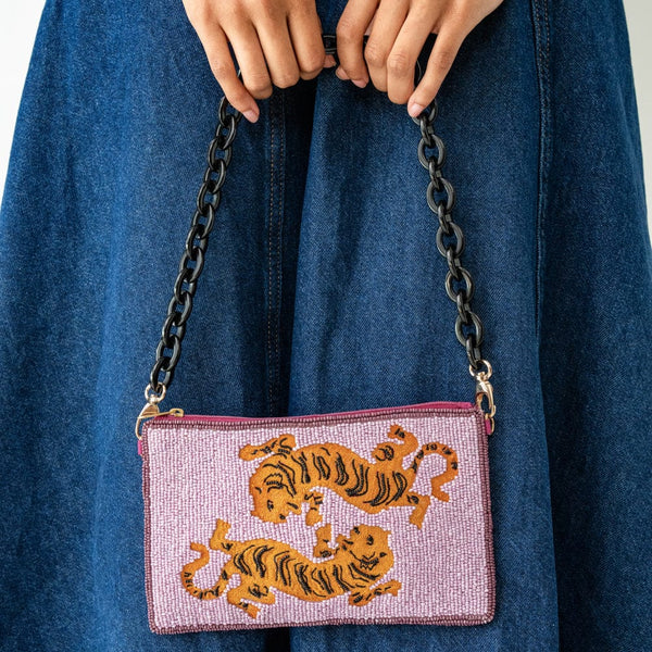Elenor Embroidered Tiger Purple Beaded Bag