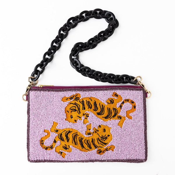 Elenor Embroidered Tiger Purple Beaded Bag