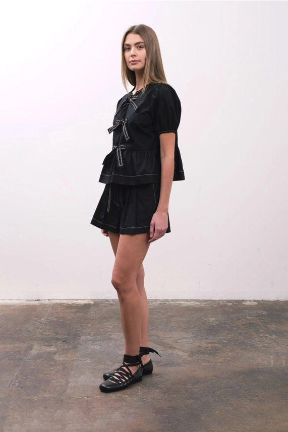 Puff Sleeve Front Tie Contrast Detail Top
