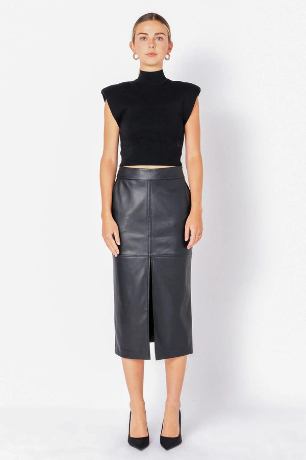 Leather Front Slit Midi Skirt