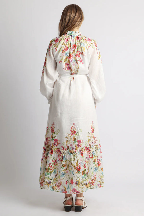 Lora Floral Print Linen Belted Maxi Sheath Dress