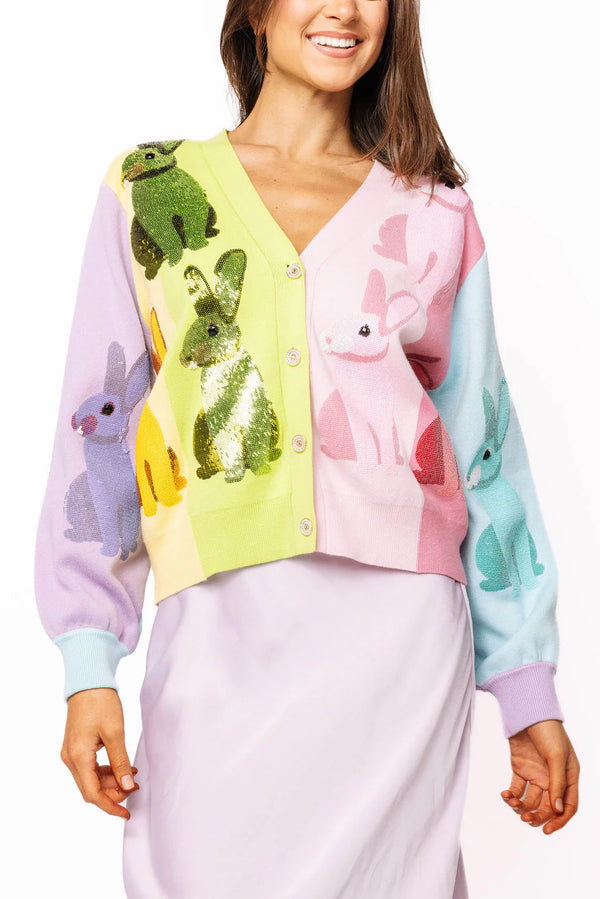 Rainbow Colorblock Easter Bunny Button Up Cardigan