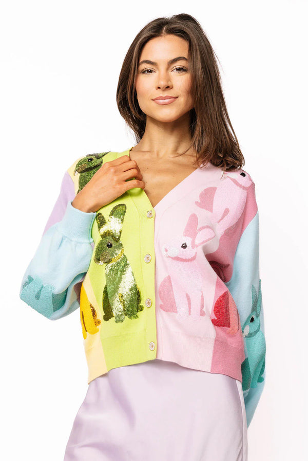 Rainbow Colorblock Easter Bunny Button Up Cardigan
